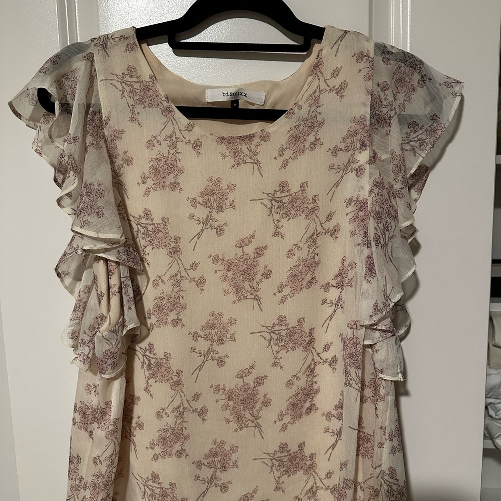 Elegant Cream and Pink Floral Blouse with Ruffle Sleeves